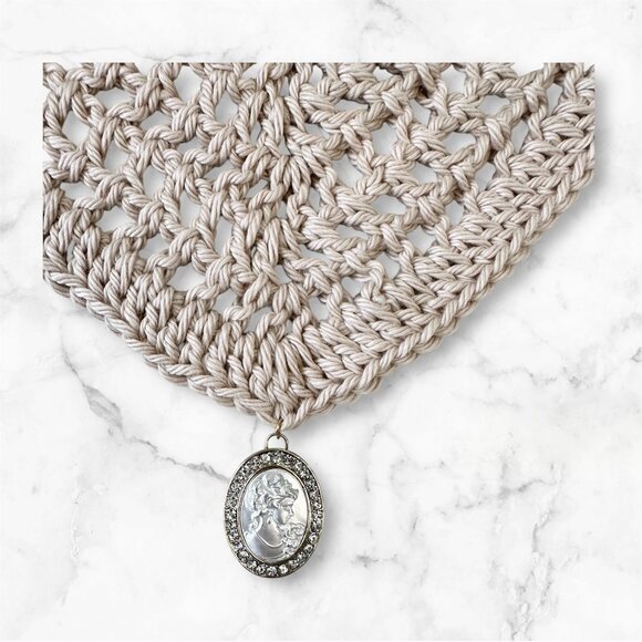 Crochet Shawl Scarf Triangle Beige Cotton Yarn with Pendant, Brand New Handmade - Picture 5 of 6